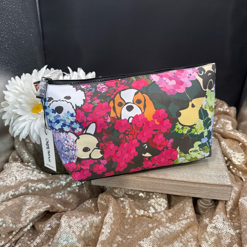 Marc Tetro Dog & Flower Print Large Cosmetics Case Pink Synthetic Saffiano Nwt
